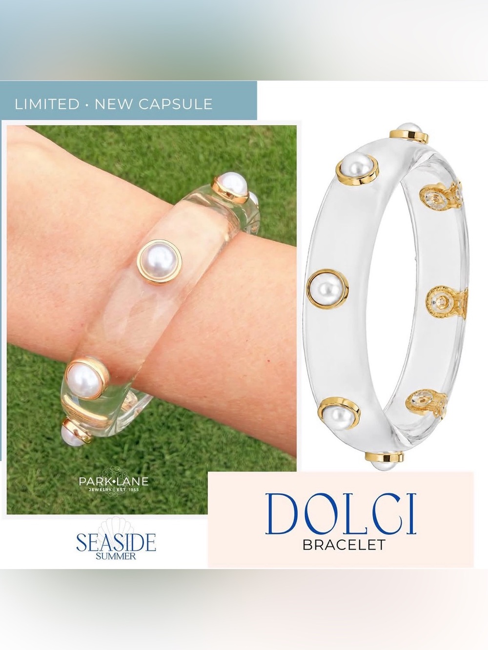 Park Lane Clear Bangle with Gold and White Pearl Accents - DOLCE